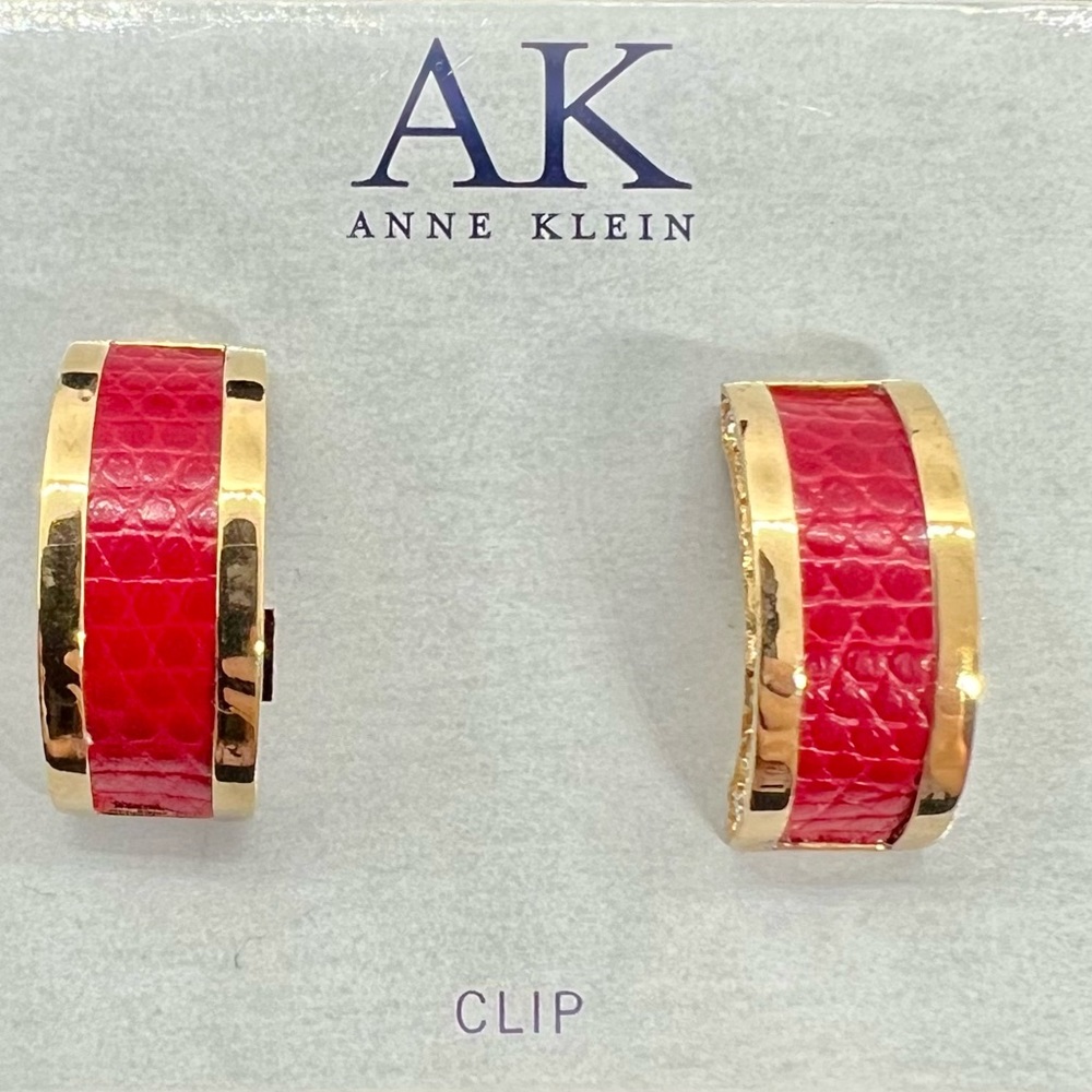 Vintage Anne Klein Red & Gold Clip-on Earrings with Faux Diamonds accents.